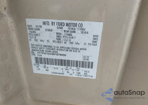 2008 Ford F150 Supercrew z USA, uszkodzony, nr VIN 1FTPW12V88FB78050